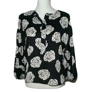 Finn & Grace Womens Black White 3/4‎ Button Floral Print Shirt Blouse Size S